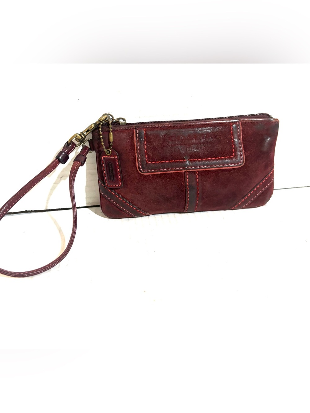 Coach vintage distressed Red Leather Wristlet Clutch with Contrast Stitching